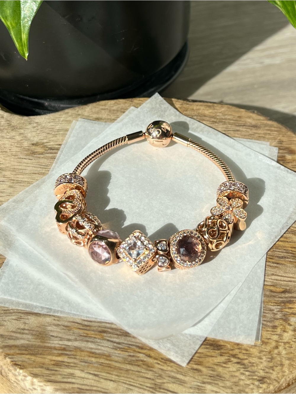 Pandora Full Rose Gold Styled Bracelet & Charms